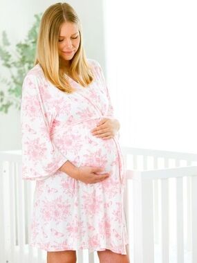 Rufflebutts Pink Butterfly Garden Toile Women's Maternity Robe One Size